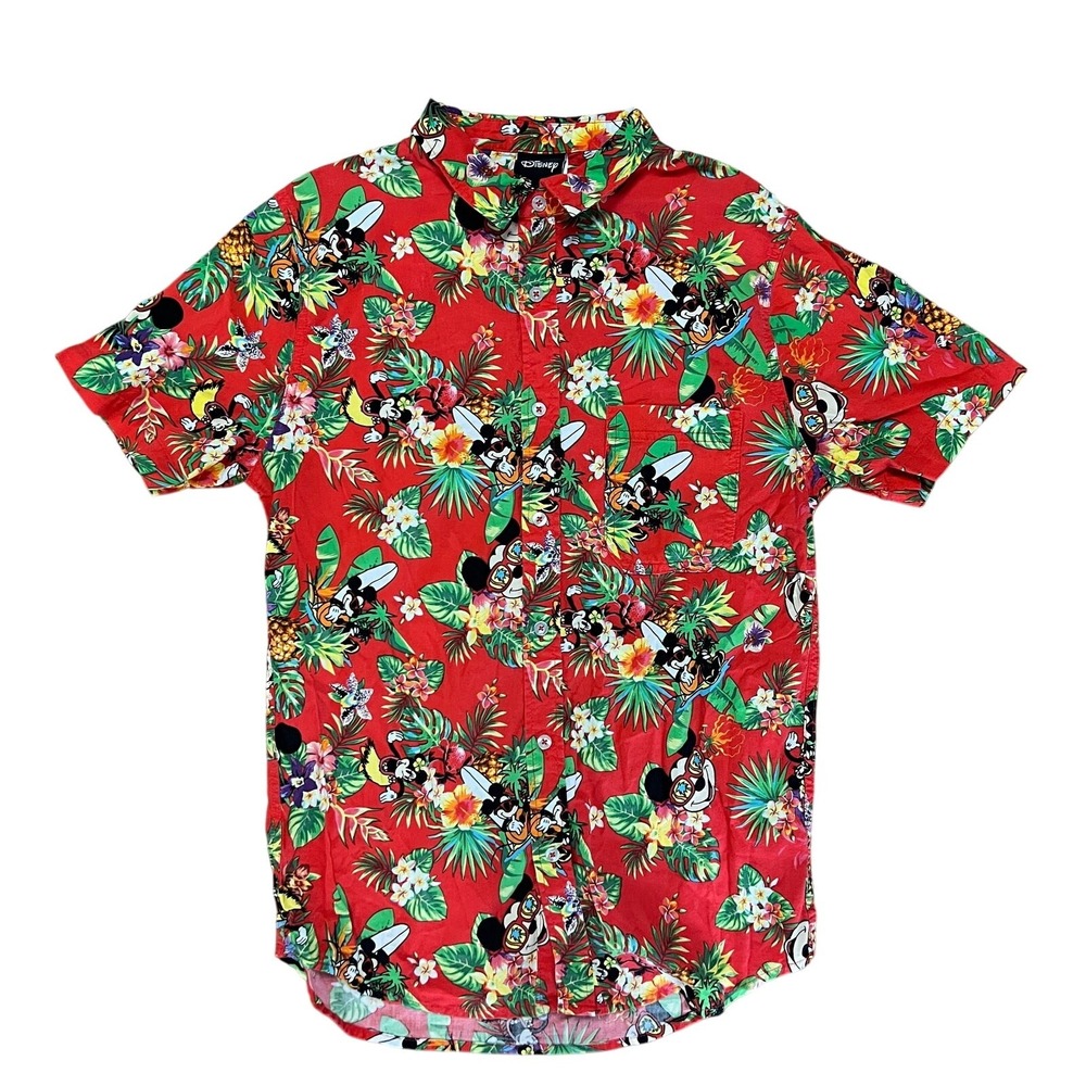 Disney Mickey Mouse & Minnie Medium Red Tropical Shirt Hula Luau